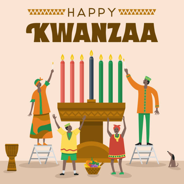 Flat design, Illustration of happy family celebrating Kwanzaa Festival, Vector No layers kwanzaa stock illustrations