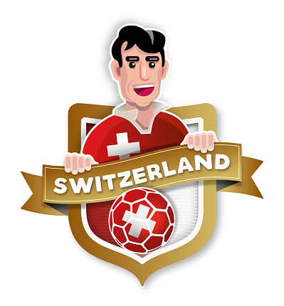 Flat design illustration soccer player Switzerland with badge and swiss national flag