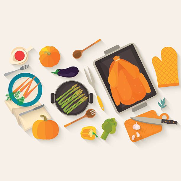 ilustraciones, imágenes clip art, dibujos animados e iconos de stock de diseño plano invitación tarjeta para celebrar el día de acción de gracias. - thanksgiving food