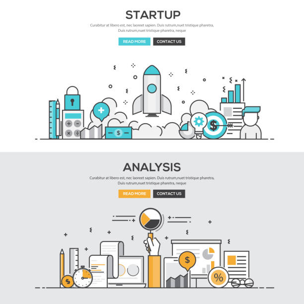 Flat design line concept - Start up & Analysis Set of Flat Line Color Banners Design Concepts for Startup and Analysis. Concepts web banner and printed materials.Vector market research stock illustrations