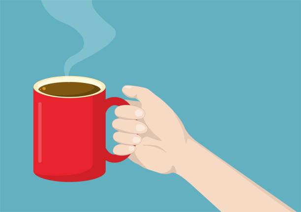 flaches design der menschlichen hand hält eine rote tasse heißen kaffee - hand holding coffee stock-grafiken, -clipart, -cartoons und -symbole