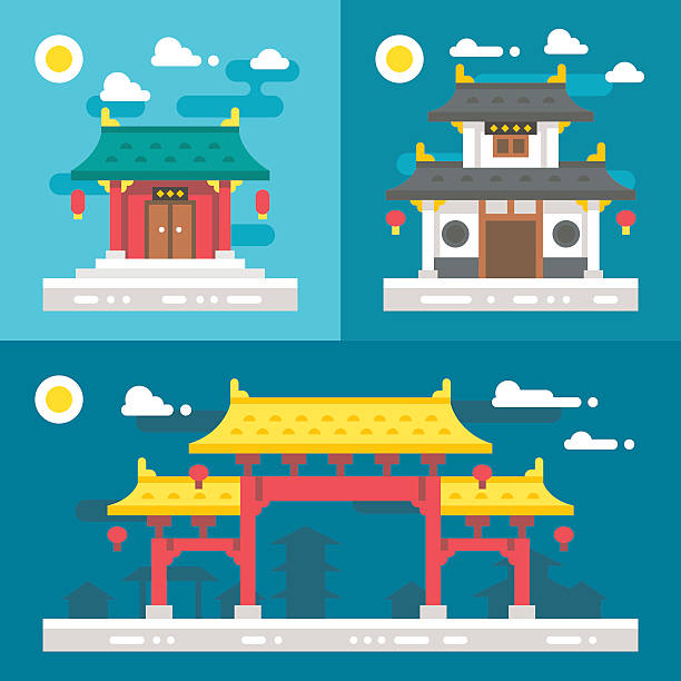flat design old chinese buildings - synagogue stock illustrations