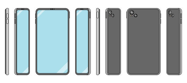 Flat design smart phone illustration in orthonormal view for UX and UI Illustration of a modern smartphone, edge to edge glass with file layers organized to easily change the blue screen background into any sort of app or graphic. Vector file 360 degree view illustrations stock illustrations