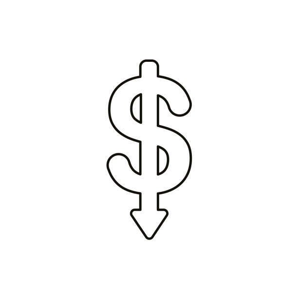 Flat design style vector concept of dollar symbol icon with arrow pointing down on white. Black outlines. Flat design style vector illustration concept of dollar symbol icon with arrow pointing down on white background. Black outlines. crumble stock illustrations