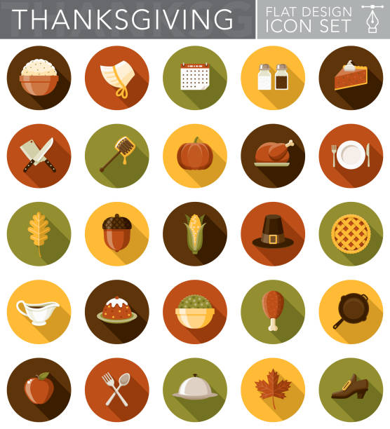 Flat Design Thanksgiving Icon Set with Side Shadow A set of flat design styled Thanksgiving icons with a long side shadow. Color swatches are global so it’s easy to edit and change the colors. thanksgiving food stock illustrations