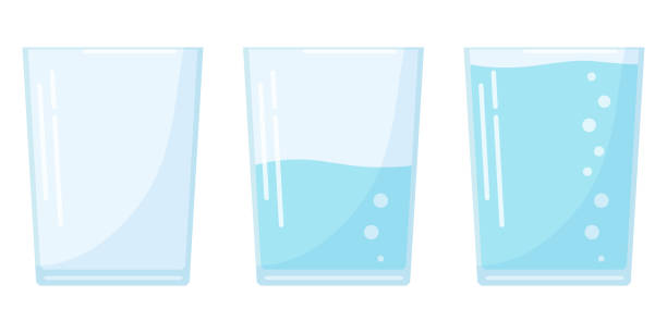 ilustraciones, imágenes clip art, dibujos animados e iconos de stock de diseño plano tres icono de cristal de agua en estilo de dibujos animados aislado sobre fondo blanco, vidrio de soda completo, medio y vacío. - water