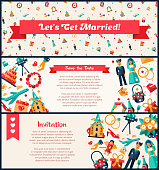 Flat design vector wedding and marriage icons and elements invitation  banners set