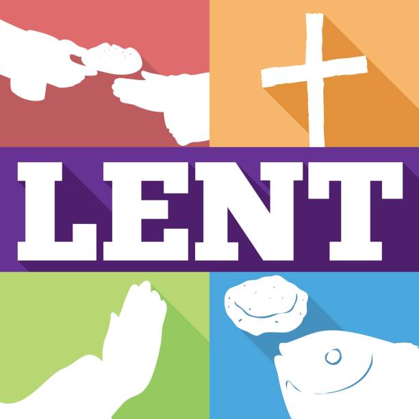 Flat Design with Some Habits for Lent Celebration Poster with some habits for Lent celebration: praying, to give alms, worship holy cross symbol and fasting menu in flat style and long shadow effect. lent stock illustrations