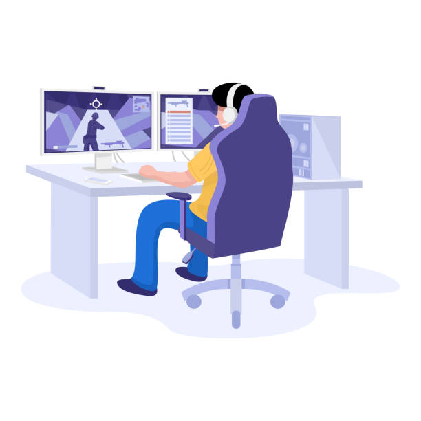 Flat design, Young gamer playing online video game wearing headphone. eps 10 video game illustrations stock illustrations