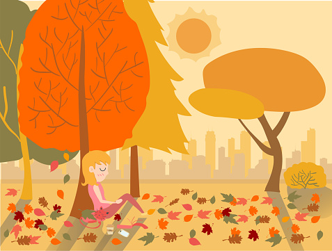 flat drawing vector cute girl sleeping under a tree in warm Autumn season