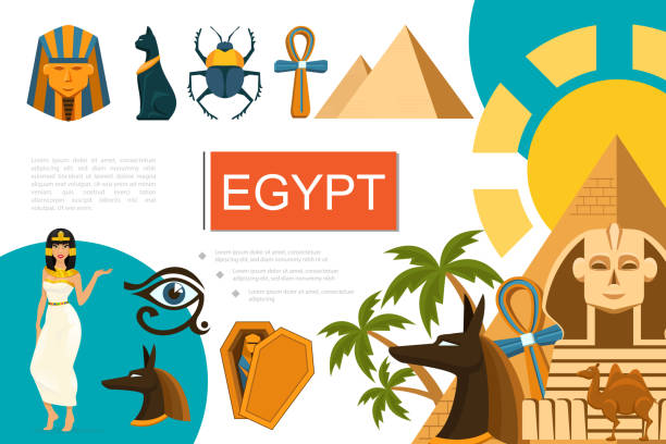 stockillustraties, clipart, cartoons en iconen met platte egypte symbolen samenstelling - cleopatra