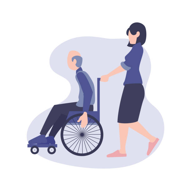 Flat element of disability man. Flat element of disability person. Girl helping man with wheel chair. Woman help disability man in flat style. Flat element of people isolated on white background. Flat element of disability man. Flat element of disability person. Girl helping man with wheel chair. Woman help disability man in flat style. Flat element of people isolated on white background. hospital cartoon stock illustrations