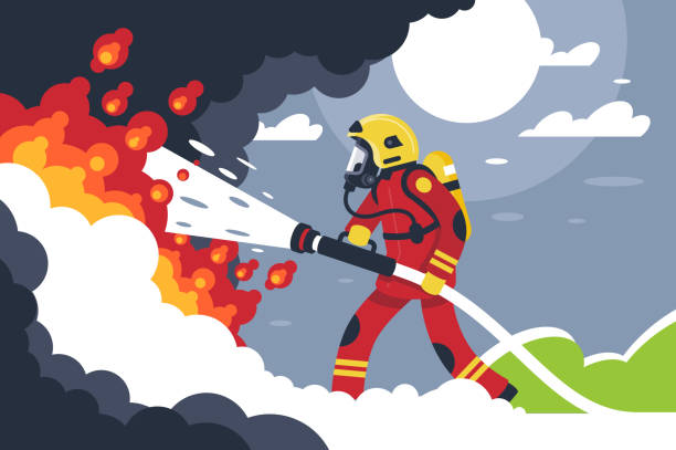 Flat fire fighting man puts out fire. Flat fire fighting man puts out fire. Concept brave profession, helping service with burn. Vector illustration. firefighters stock illustrations
