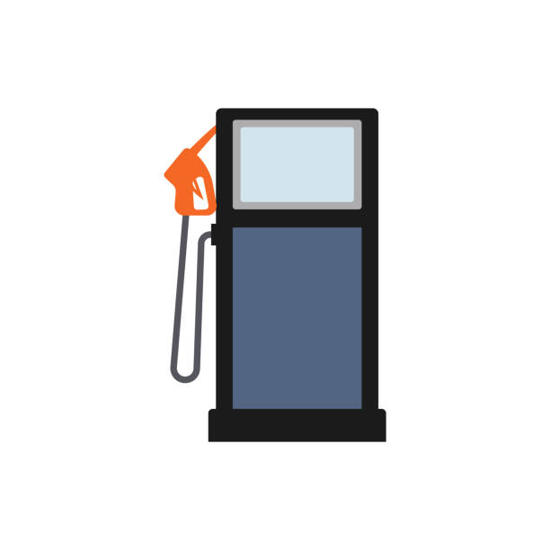 Flat gas pump or fuel dispenser from filling station, industrial pumping machine Flat gas pump or fuel dispenser from filling station isolated on white background - industrial gasoline and petrol pumping machine with blank screen - flat vector illustration. petrol bowser stock illustrations