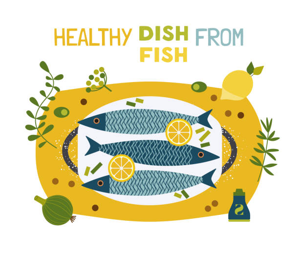 bildbanksillustrationer, clip art samt tecknat material och ikoner med flat handritade vektor fisk matlagning typografi affisch - tallrik med fisk