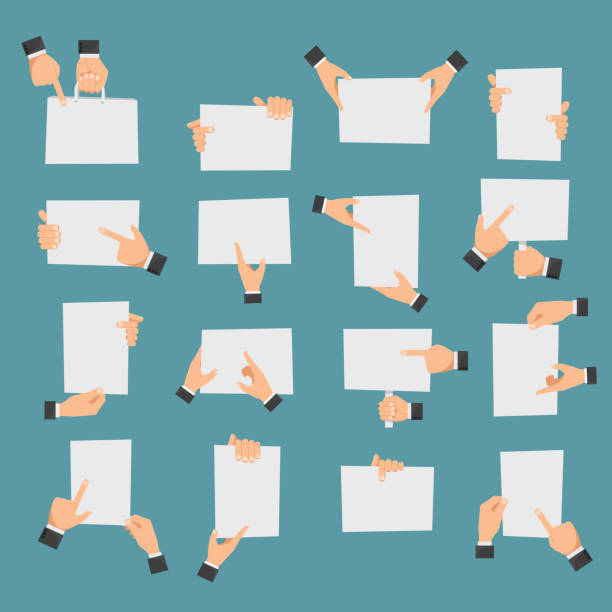 Flat hands holding banners and pointing to empty paper pieces Flat hands holding banners and hands pointing to empty paper pieces. Vector illustration presentation speech borders stock illustrations