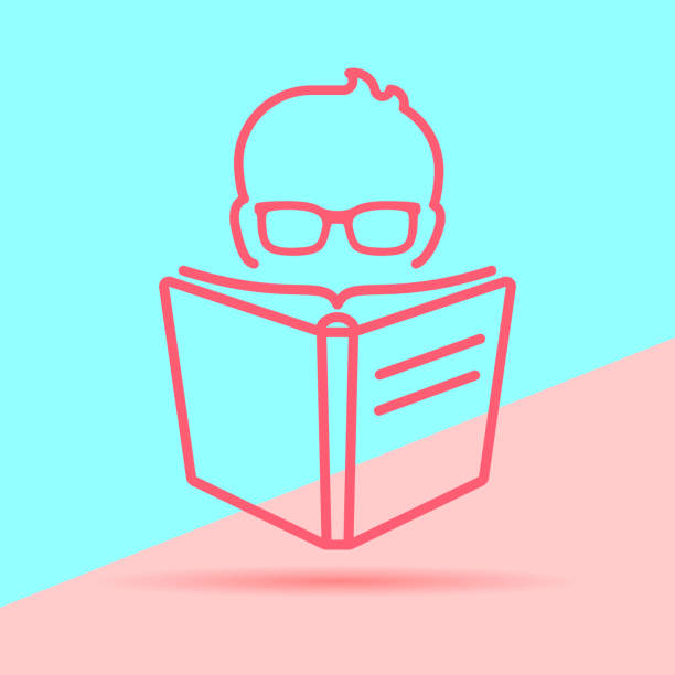 illustrazioni stock, clip art, cartoni animati e icone di tendenza di icona piatta della testa maschile con gli occhiali che leggono un libro su p colorata - young man read newspaper