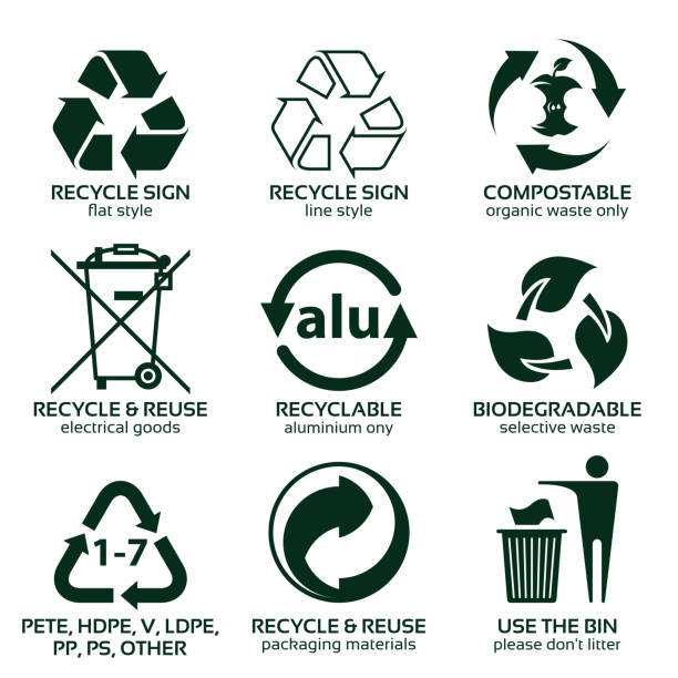 flache symbolsatz für grüne, umweltfreundliche verpackungen - recycling stock-grafiken, -clipart, -cartoons und -symbole