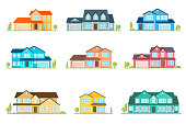 Set of vector flat icon suburban american house. For web design and application interface, also useful for infographics. Family house icon isolated on white background. Home facade with color roof