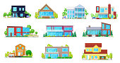Private houses, villa, mansion and cottage, residential buildings, real estate vector icons. Modern facades of townhouse property, family house, duplex apartments and lodge with garage and garden