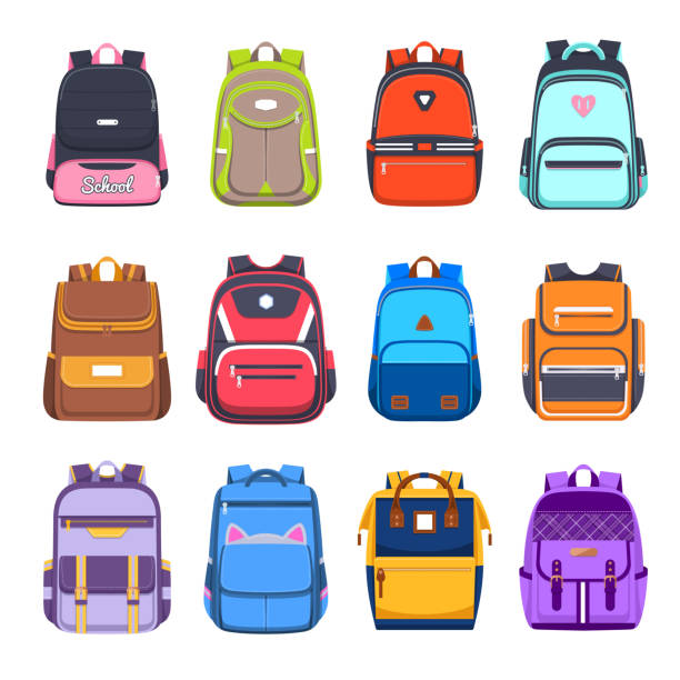 Flat icons of school bags and backpacks, handbags School bags and backpacks, handbags and rucksacks vector flat icons. College and school boy and girl student bags with pockets, zippers and straps, travel luggage and haversacks backpack stock illustrations
