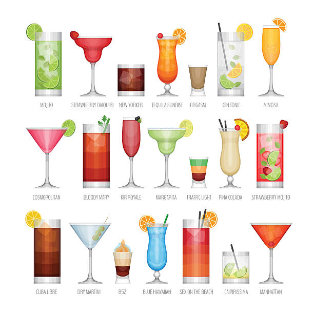 illustrations, cliparts, dessins animés et icônes de ensemble d’icônes plates de cocktail d’alcool populaire. - apéritif