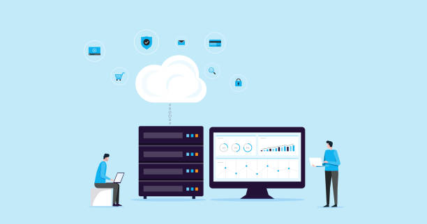 ilustrasi datar desain konsep teknologi koneksi penyimpanan cloud dengan teknologi bisnis wen hosting dan server layanan online - server jaringan ilustrasi stok