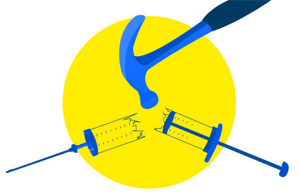 Flat illustration of a hammer breaking syringe , this shows anti-vaxxer movement Anti-Vaxxer movement in this current vaccination coronavirus pandemic. In some countries people are against taking vaccine shots, this illustrations symbolizes this thought anti vaccination stock illustrations