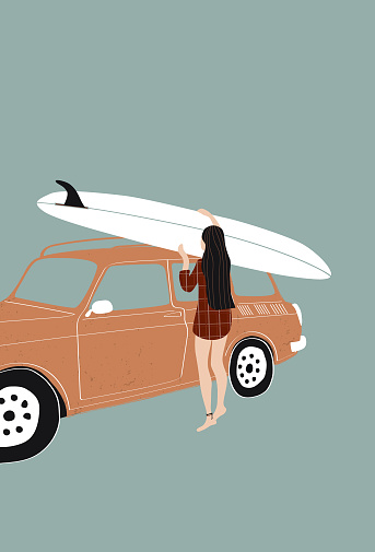 Flat illustration of surfer girl holding a surfboard and putting the board on the roof of the old car