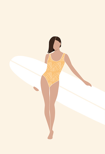 Flat illustration of surfer girl in bikini holding a longboard surfboard
