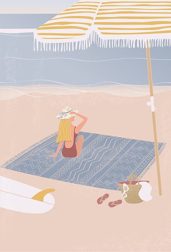 Flat illustration of surfer girl sitting on the beach