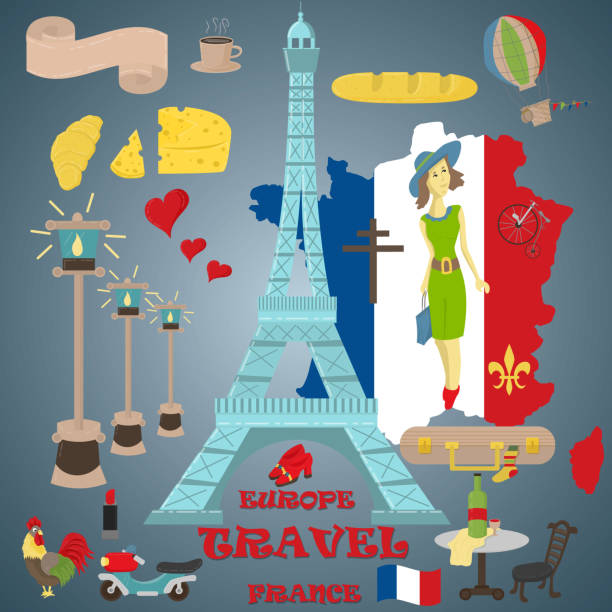 stockillustraties, clipart, cartoons en iconen met vlakke afbeelding travel_1_to europa frankrijk, symbolen en attracties, set van tekeningen, print ontwerp en webdesign - kikkerbillen