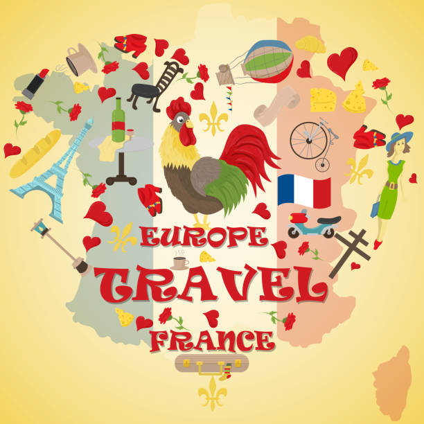 stockillustraties, clipart, cartoons en iconen met vlakke afbeelding travel_3_to europa frankrijk, symbolen en attracties, set van tekeningen, print ontwerp en webdesign - kikkerbillen