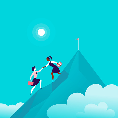 Flat illustration with business ladies climbing together on mountain peak top on blue clouded sky background.