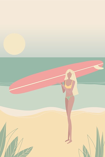 Flat illustration with surfer girl holding a long board
