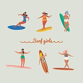 Flat illustration with surfer girls on a long board riding a wave. Beach lifestyle poster in retro style. Art deco collection.