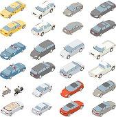 A variety of private passenger vehicles are illustrated in isometric view. Vector SUV, minivan, midsize sedan, sports car, large sedan, taxi, police car and pickup truck are shown from the front and from the back. A convertible, moped, and motorcycle are also included in the set of vector illustrations. Vehicles do not represent specific makes or models.