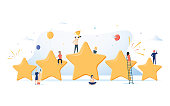 Flat isometric vector concept of five stars, best rating, customer feedback, positive review. Winner award First place competition stars. Success reward vector. Business Success reviews from customers
