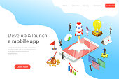 Flat isometric vector landing page templare of mobile app launch, startup idea, software development, crowdfunding.