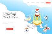 Flat isometric vector landing page template of new business startup, project launch.
