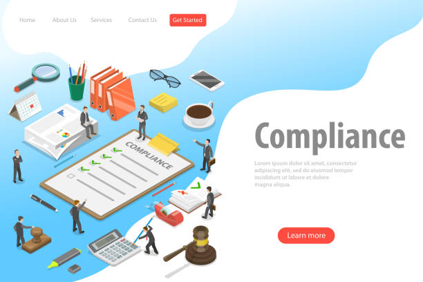 Flat isometric vector landing page template of regulatory compliance. Flat isometric vector landing page template of regulatory compliance. Business people are discussing steps to comply with relevant laws, policies, and regulations. rules stock illustrations