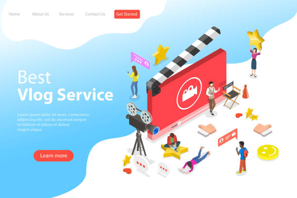 Flat isometric vector landing page template of video blog, vlog, online channel, creating video content. Flat isometric vector landing page template of video blog, vlog, online channel, creating video content. live streaming illustrations stock illustrations