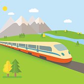 flat landscape with approaching train, river, trees. vector illustration