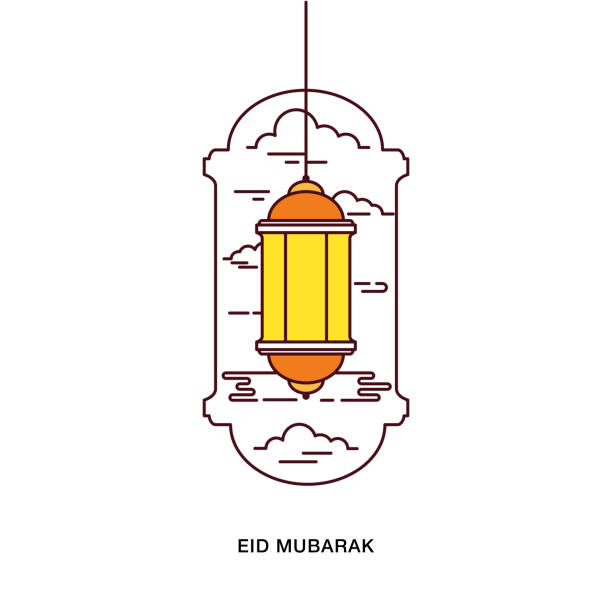 Flat Line Design. Eid Mubarak greeting lamp inside frame decoration A Post or feed to celebrate Islam Eid days (Eid Al-Fitr and Eid Al-Adha).The size is square shape (around 1080x1080 px ratio). It can be used for greeting / congratulation words for a post on social medias, digital campaigns or printed greeting medias. eid al adha stock illustrations