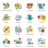 Set of flat line design icons of online education and e-learning. Vector illustration concepts for graphic and web design and development, isolated on white.