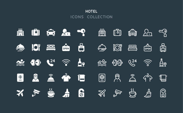 ilustrações de stock, clip art, desenhos animados e ícones de flat & line hotel reception icons - hotel
