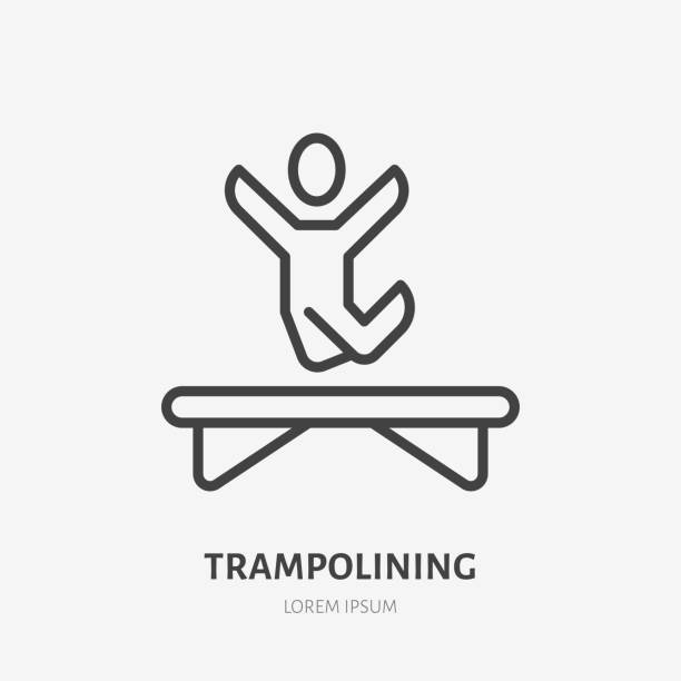 Flat line icon of happy people jumping on trampoline. Thin linear logo for amusement park, corporate party entertainment. Trampolining sign Flat line icon of happy people jumping on trampoline. Thin linear logo for amusement park, corporate party entertainment. Trampolining sign. clip art of kid jumping on trampoline stock illustrations