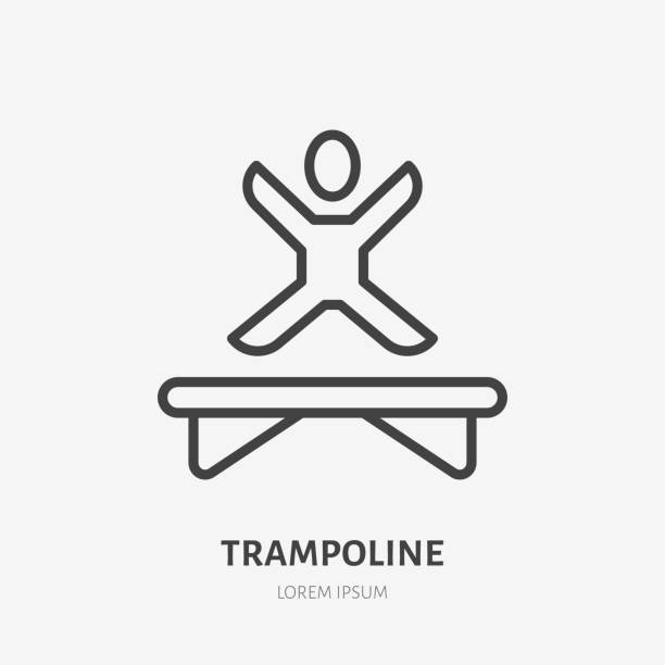 Flat line icon of happy people jumping on trampoline. Trampolining sign. Thin linear logo for amusement park, corporate party entertainment Flat line icon of happy people jumping on trampoline. Trampolining sign. Thin linear logo for amusement park, corporate party entertainment. clip art of kid jumping on trampoline stock illustrations