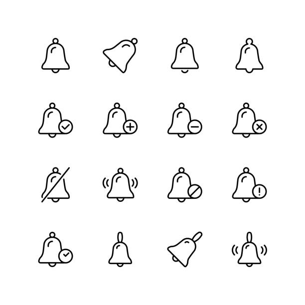 Flat line icon Bell icon set. Collection of high quality outline technology pictograms in modern flat style. Black information symbol for web design and mobile app on white background. Alert line icon. bell stock illustrations