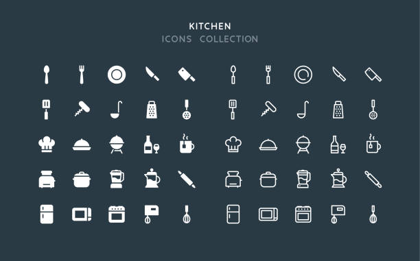 Flat & Line Kitchen Icons Set of kitchen vector icons. Flat design & line editable stroke. grater utensil stock illustrations
